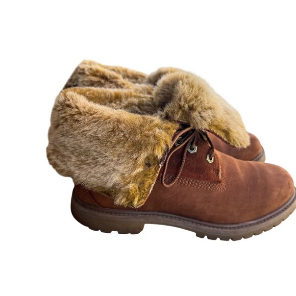 Timberland Women’s  Sz 7.5D Brown Boots Suede Leather Lace Up W/ Fur Cuff - Picture 2 of 12